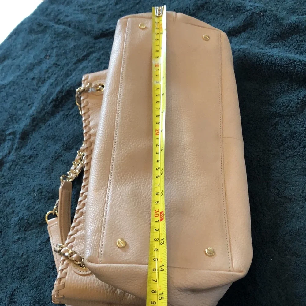 Tory Burch stamped logo, pebbled leather creamy pink braided top & chain handbag
